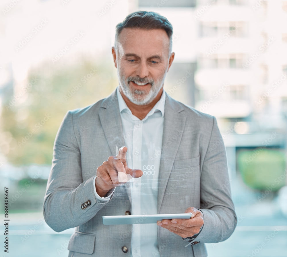 Aufkleber business man, tablet and hologram overlay with app, click and graphs for finance, stats or planning.