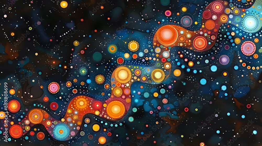 Poster Abstract digital art with vibrant orbs of various sizes and colors, creating a dynamic and captivating visual composition.