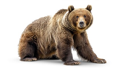 Fototapeta premium Close-up image of a bear sitting down on a plain white background, highlighting its facial details and fur texture, capturing the bear’s calm and introspective demeanor in a neutral setting.