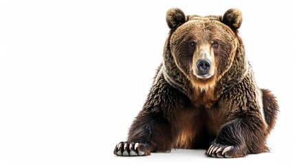Fototapeta premium A powerful grizzly bear is sitting with its front paws extended forward, displaying its massive size and thick fur against a white backdrop, highlighting its imposing nature.