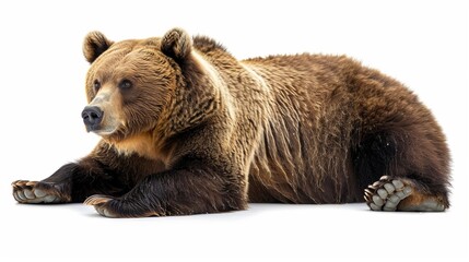 Obraz premium A serene grizzly bear is laying down with its head slightly elevated, gazing to the side, showing a peaceful moment in its natural stance against a white background, exuding tranquility.