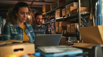 Diverse Small Business Partners Working in Home Garage And Talking. Hispanic Female Manager Filling Online Orders On Laptop. Two Caucasian Friends Packing Products In Boxes For Delivery To Customers.