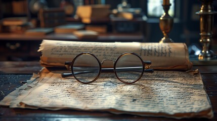 Obraz premium Round Eyeglasses Resting on Old Manuscript Papers on Wooden Table