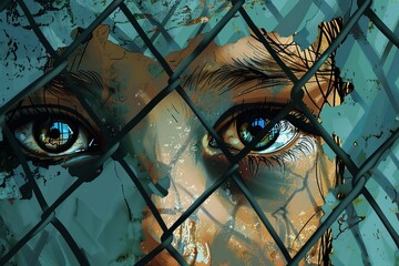 Human trafficking awareness. A close-up illustration of a child's eyes looking through a broken fence, symbolizing the hope and yearning for freedom.