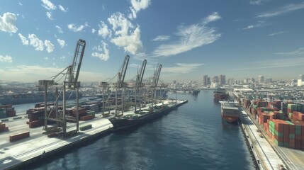 Fototapeta premium Long Beach container shipping post docks with cranes unloading containers from ships, during daylight hours