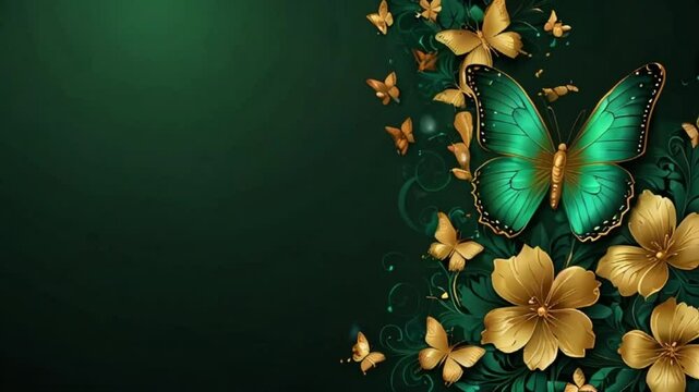 A rich emerald green background with golden flower and butterflies frame on it abstract background