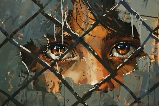 World Day Against Trafficking in Persons. A close-up illustration of a child's eyes looking through a broken fence, symbolizing the hope and yearning for freedom.