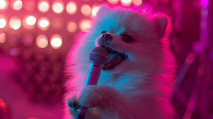 a baby white pomeranian is singing with a toy mic in a disco,