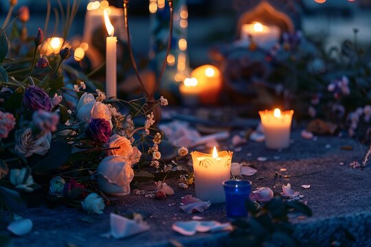 International Holocaust Remembrance Day. An image of candles, flowers, and symbols of different cultures placed on a memorial site