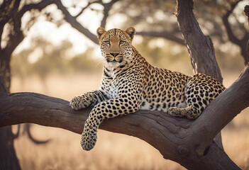 A leopard lying gracefully on a high tree branch, with a panoramic view of the savanna.
