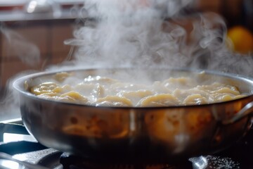 A dynamic shot of pierogies boiling in a pot, with steam rising and a kitchen backdrop. Pierogies, varenyky, dumplings, pyrohy