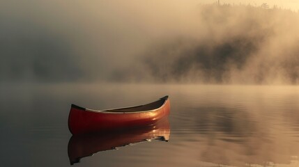 A tranquil red canoe floats gently on a lake, surrounded by soft golden light from the setting sun and misty fog, with forested hills creating a peaceful backdrop.