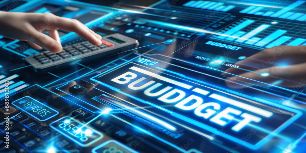 Poster businessman calculating budget using futuristic holographic interface technology