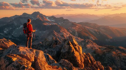 Obraz premium A serene and awe-inspiring image capturing a hiker standing atop a mountain peak during sunset, taking in the vast, sweeping view of the surrounding scenic landscape.
