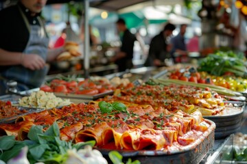 Italian cuisine. Pasta cannelloni. An outdoor shot of cannelloni being served at a traditional Italian market stall, with other dishes and market-goers in the background.