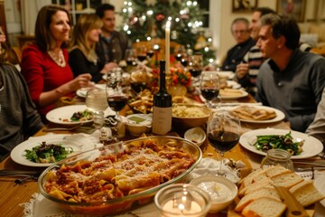 Italian cuisine. Pasta cannelloni. A wide shot of a group of family and friends enjoying cannelloni around a large table, with bowls of cannelloni, bread, and traditional accompaniments.