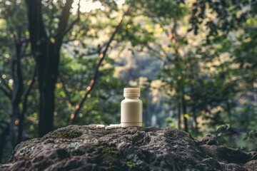 Gym supplies creatine monohydrate capsules mockup jar for bodybuilding. A creative shot of a creatine supplement bottle placed on a rock with a natural outdoor setting in the background