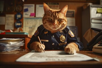 Cat police officer,cat policeman,police uniform. A cat in a police uniform sitting at a desk, filling out paperwork with a tiny pen.