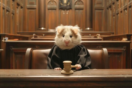 Hamster judge,courtroom setting,animals as a lawyers. A small but dignified hamster dressed in a judge's robe and tiny wig, sitting on a high bench with a miniature gavel in front of it.