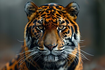 Fototapeta premium Majestic tiger with piercing eyes, symbolizing strength and wilderness. Ideal for themes of wildlife, power, and nature.