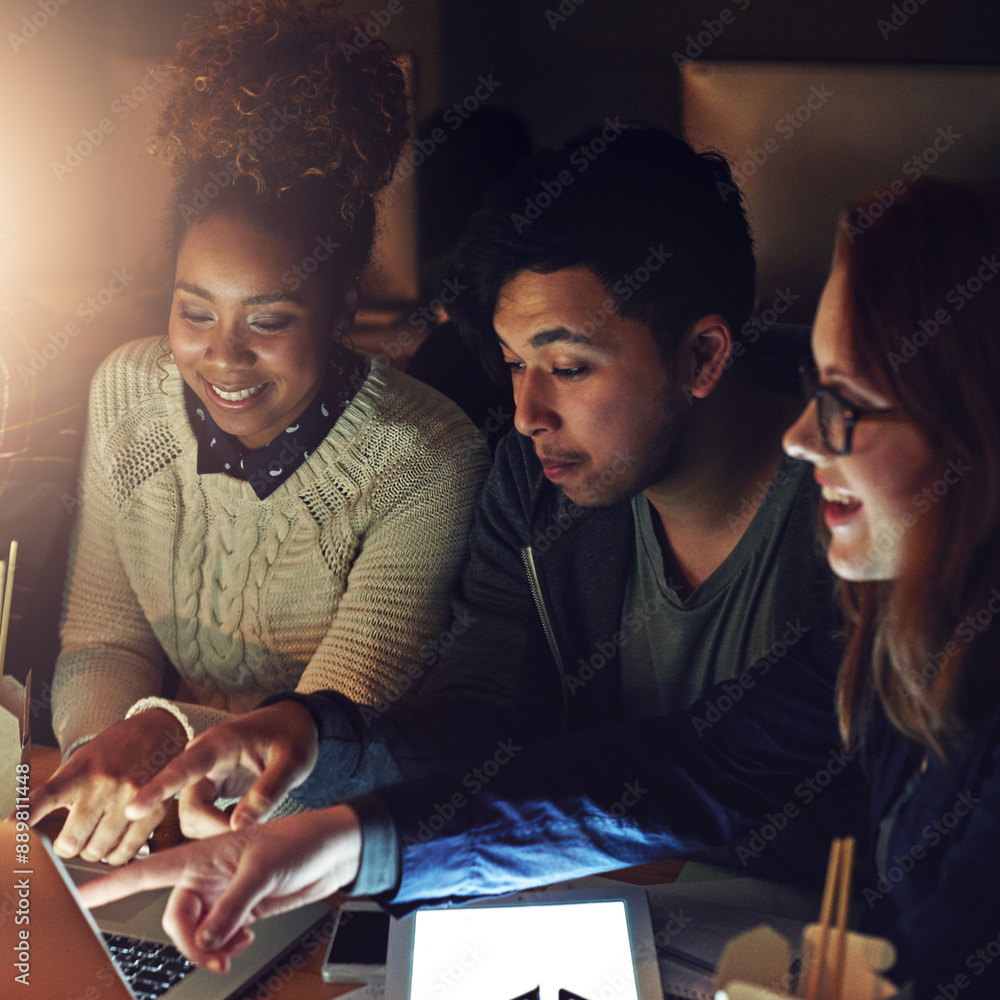 Poster Laptop, diversity or night people point at programming ERP software, cyber security system or html code. Information technology, ai developer or programmer teamwork on coding cloud computing database