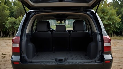 Clean and Empty - Rear View of Black SUV with Open Trunk, Compact SUV Features,Automotive Reviews, Car Features Demonstrations, SUV Advertisement, Travel and Lifestyle Magazines
