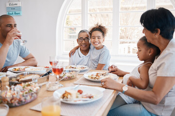 Grandfather, child and dining table or family portrait, social gathering and brunch sharing lunch with parents. People, love and bonding or gourmet nutrition, apartment and together with healthy dish