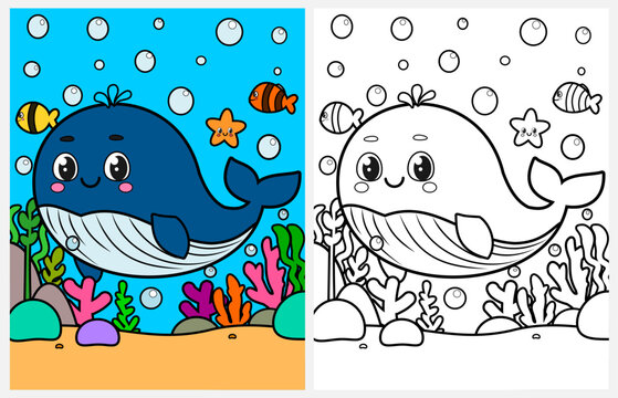 Cute whale underwater coloring page for kids, summer coloring pages for kids