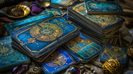 mystical tarot symbols, the tarot cards are adorned with ancient symbols and runes, forming a mystical pattern for those seeking guidance from oracle cards