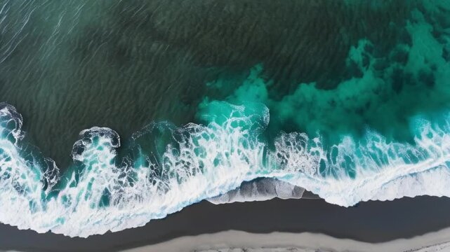 Aerial drone view or top view perspective photography of a beautiful transparent clear sea or ocean waves and foam splashing on the dark navvy blue or gray sand beach ,4K HD video.