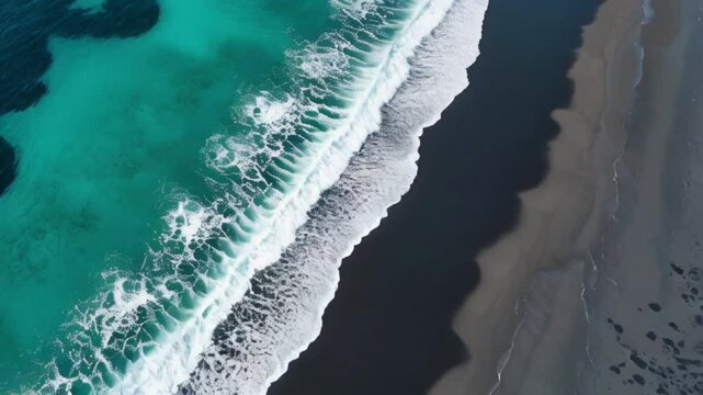 Aerial drone view or top view perspective photography of a beautiful transparent clear sea or ocean waves and foam splashing on the dark navvy blue or gray sand beach ,4K HD video.