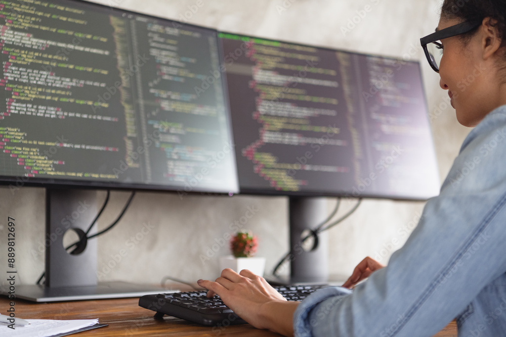 Poster Cropped photo of young girl professional hacker write keyboard debugging loft interior modern office indoors