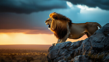 A lion roaring atop a rocky outcrop, with a dramatic stormy sky  © abu