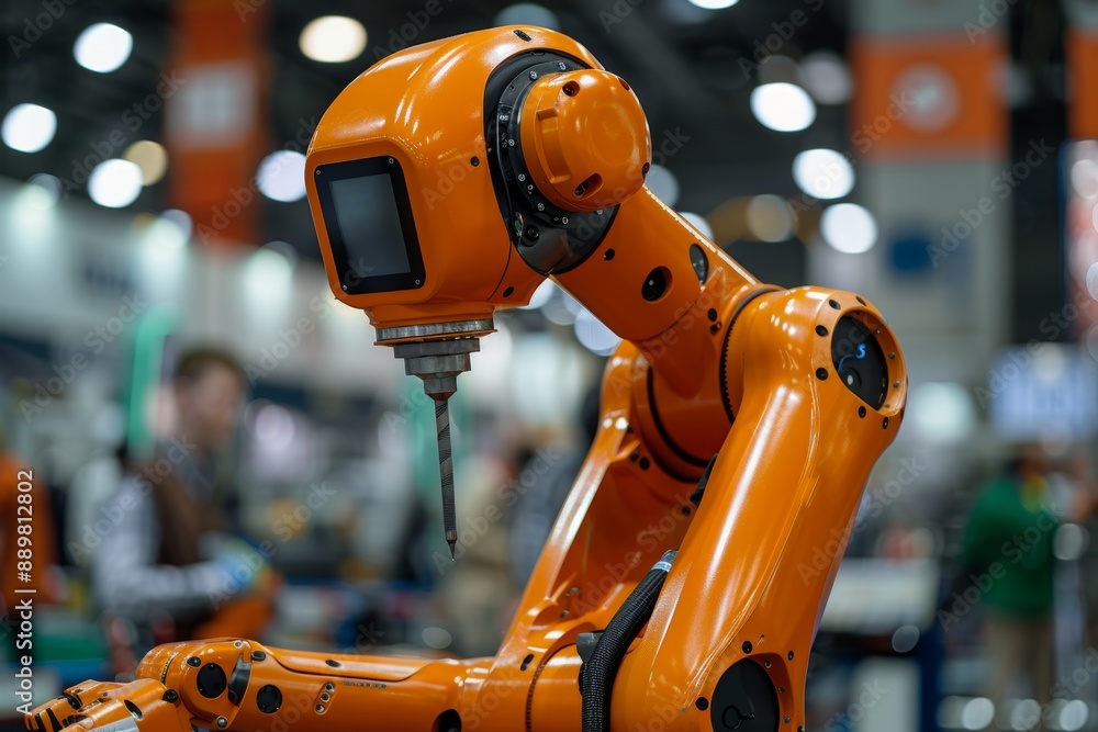 Poster close-up photo of a high-tech robotic arm used in manufacturing processes. this orange robotic arm i