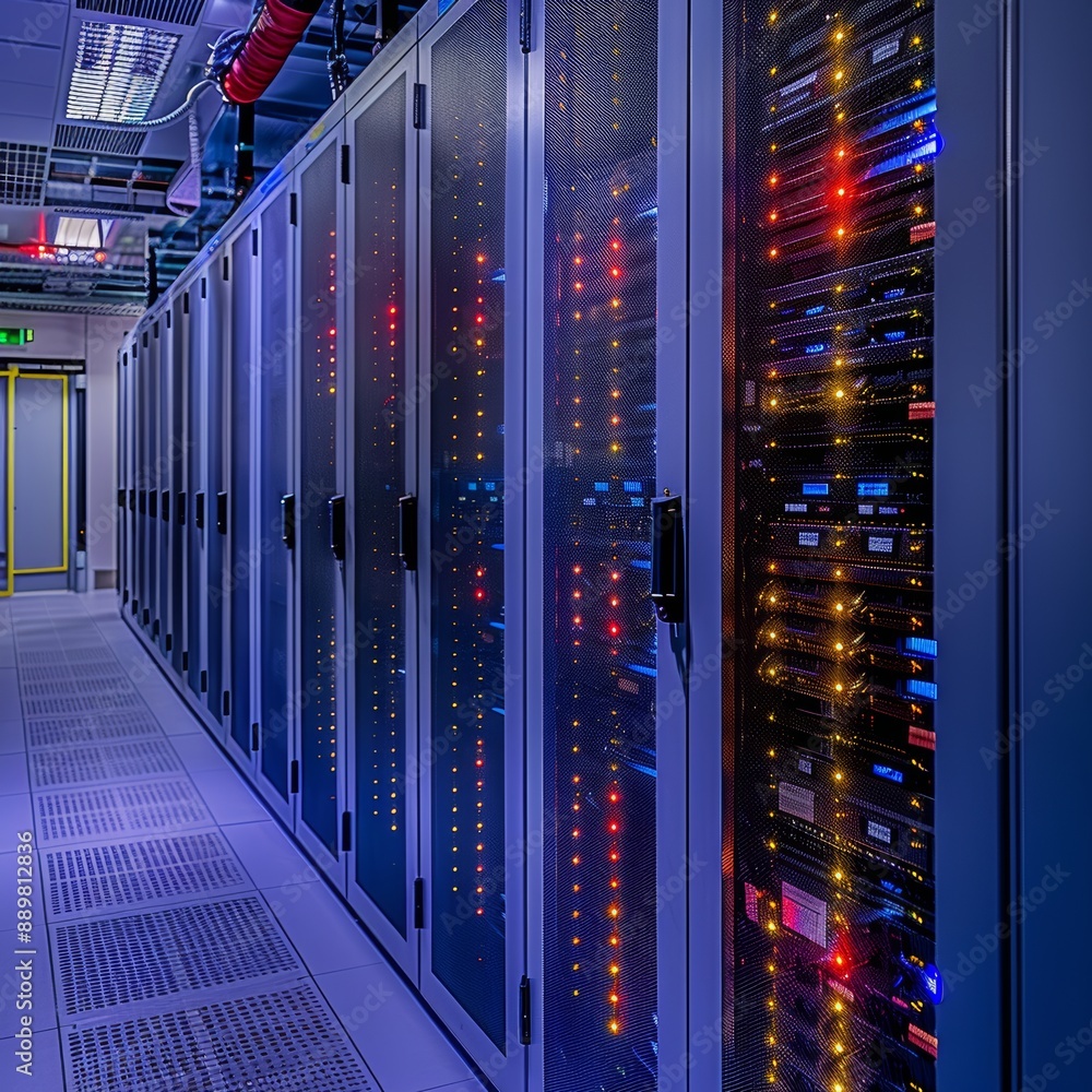 Poster a dark and slightly futuristic shot of a server room with rows of rack-mounted servers illuminated b