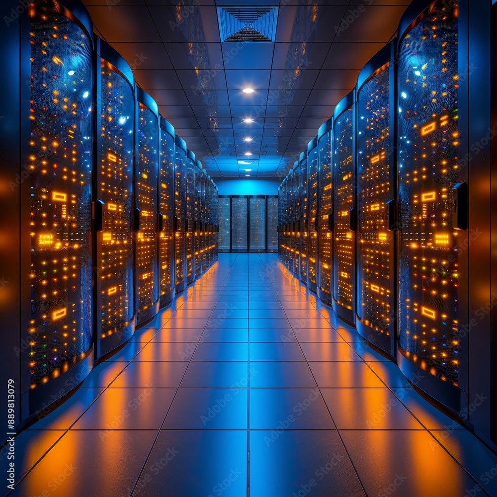 Aufkleber a dimly lit server room with rows of orange-lit racks, a shiny black floor, and bright ceiling light