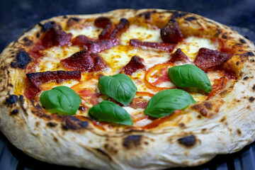 Authentic rustic artisan pizza vera Neapolitan pizza, half peperoni and half margherita