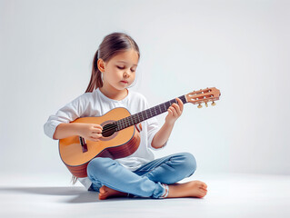 Obraz premium young girl is sit playing the guitar with white background