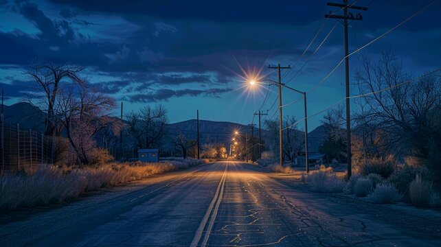 Desert Highway at Night with Streetlights and Mountains