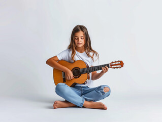 Fototapeta premium young girl is sit playing the guitar with white background