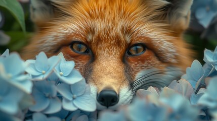 Fototapeta premium Close Up of a Red Fox Peeking Through Blue Hydrangeas in Summer