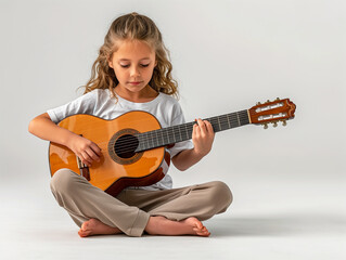 Fototapeta premium young girl is sit playing the guitar with white background