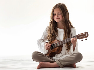 Fototapeta premium young girl is sit playing the guitar with white background