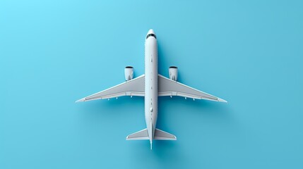 Top view of a modern passenger airplane with a white body and gray windows isolated on a blue background. Perfect for travel, tourism, aviation, and transportation businesses.