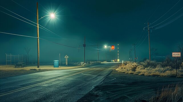 Desert Highway at Night with Streetlights and Mountains