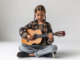 Fototapeta premium young girl is sit playing the guitar with white background