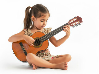 Fototapeta premium young girl is sit playing the guitar with white background