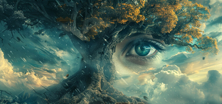 a huge tree rooted in the earth and stretching into the sky symbolizes vast knowledge and an omniscient eye in a concept banner