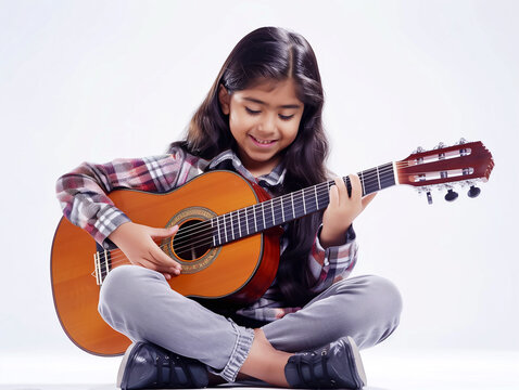 young girl is sit playing the guitar with white background