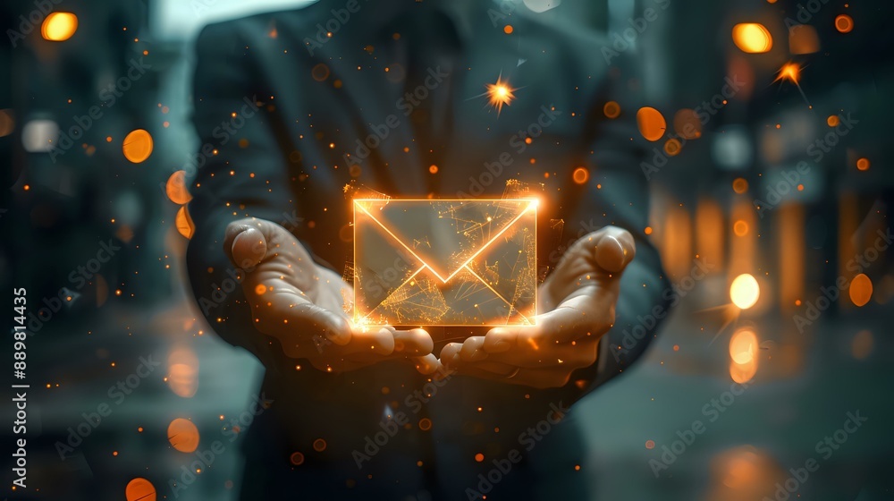 Poster glowing envelope icon floating above hands, representing communication and technology. perfect for t
